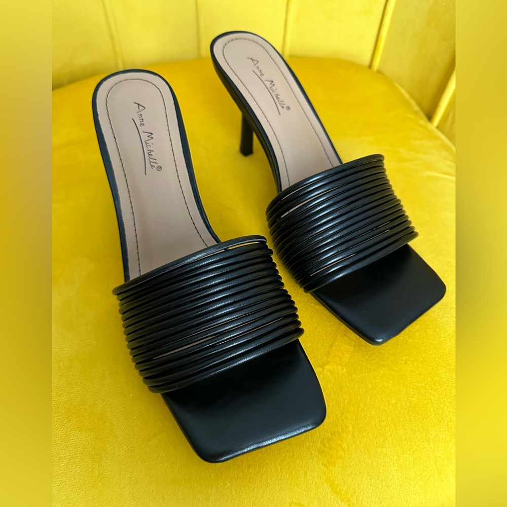 NEW Anne Michelle Open Square Toe Sandal Slide, multi thin strap, black, size 9